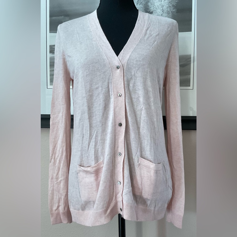Philippe Le Bac Pink Cardigan Womens XS/S Black Silk/Cashmere V-Neck Pockets!